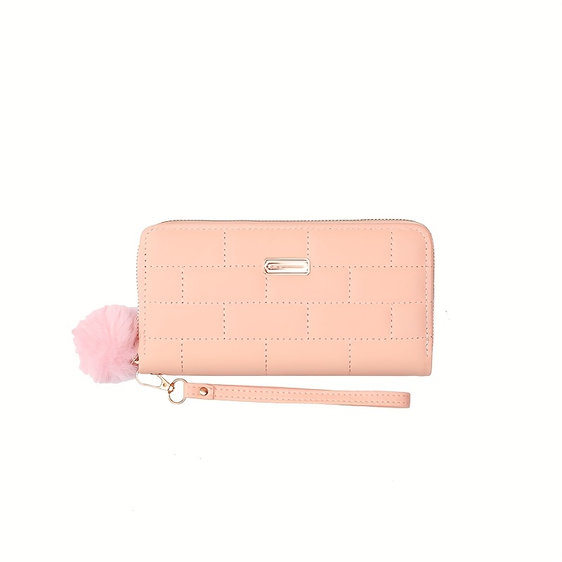 Checkered Quilted Clutch Wallet, Fashion Zipper Around Coin Purse, Women's  Long Card Bag With Pompom Ball Charms - Temu