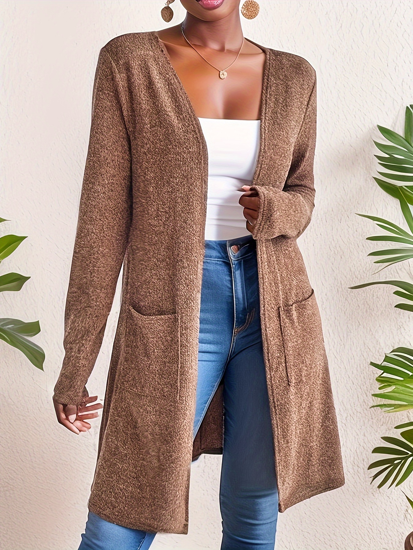 Long Length Open Front Coat Casual Long Sleeve Solid - Temu Canada