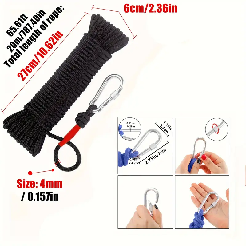 1pc 10m 20m Magnet Fishing Rope Carabiner Nylon Braided Rope Nylon Mooring  Line Anchor Clothesline Boat Anchor Crafting Blocking Pulling Draging Cargo  Tying Tow Rope Paracord Leash, Today's Best Daily Deals