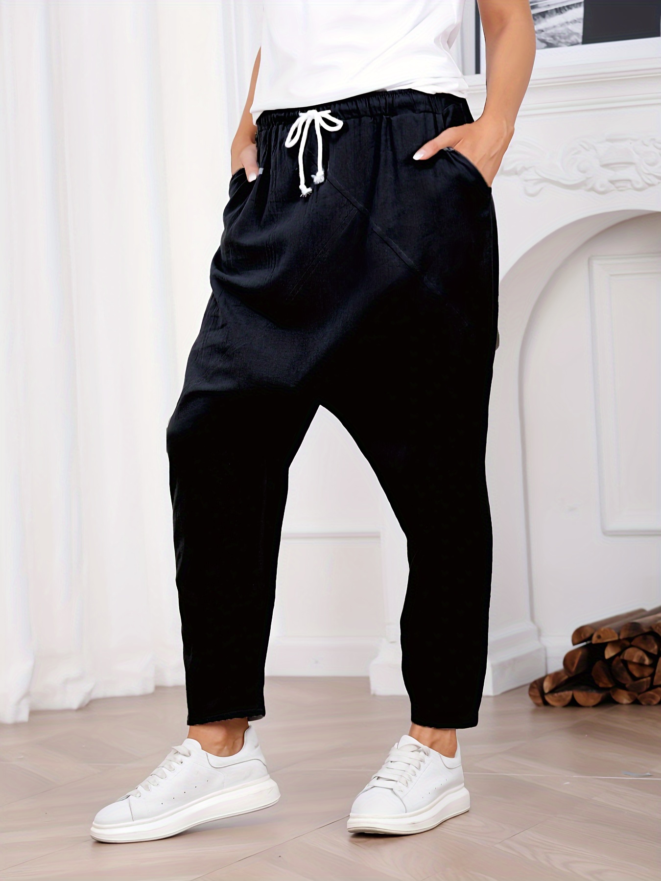Letter Print Black Harem Pants Woman Casual Elastic Waist Sport Trousers  Female Korean Style Baggy Ankle-Tied Sweatpants Women