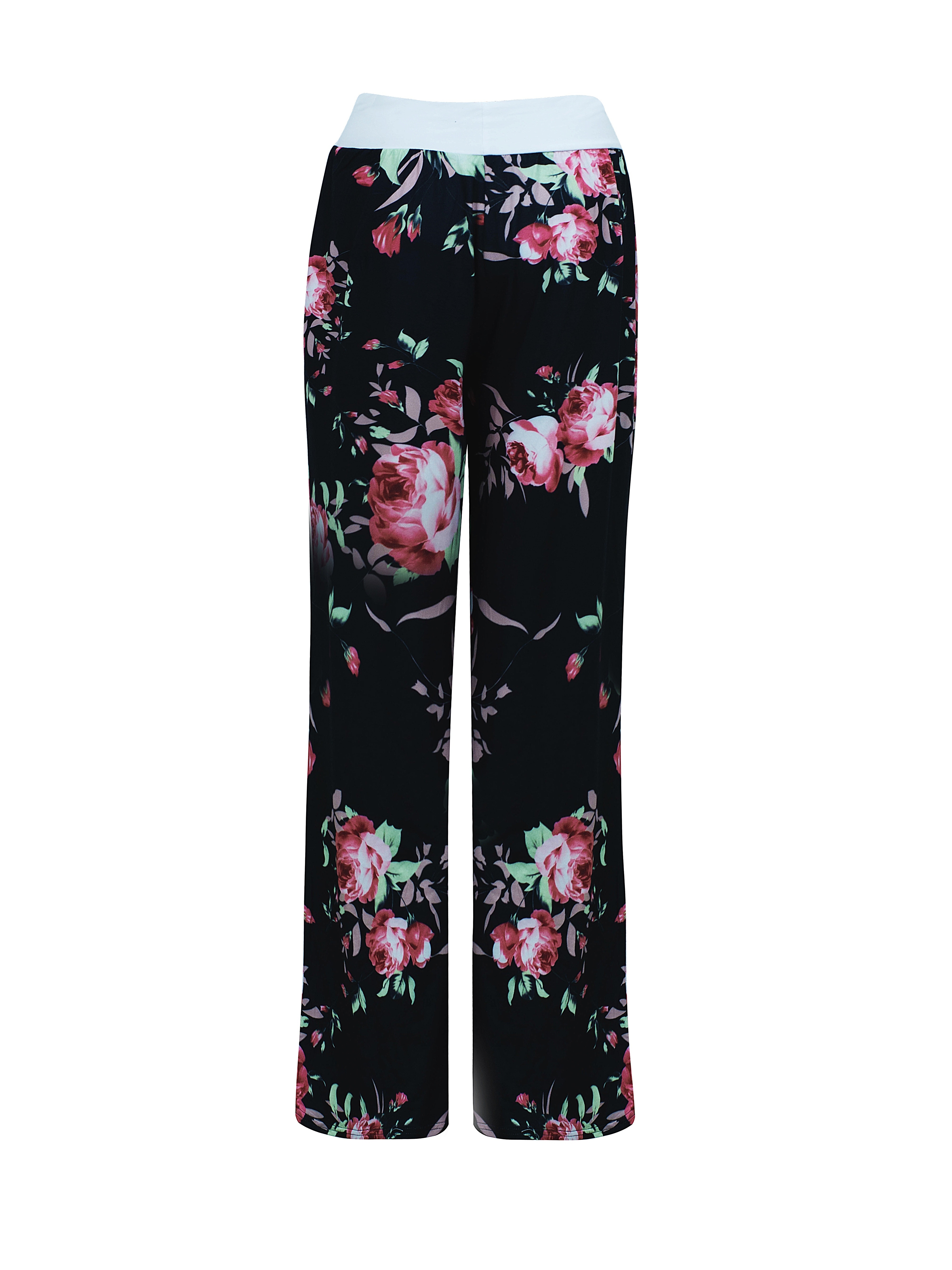 Pretty Comy Women's Summer Casual Pajama Pants Floral Print Drawstring  Palazzo Lounge Pants Wide Leg Black, XX-Large 