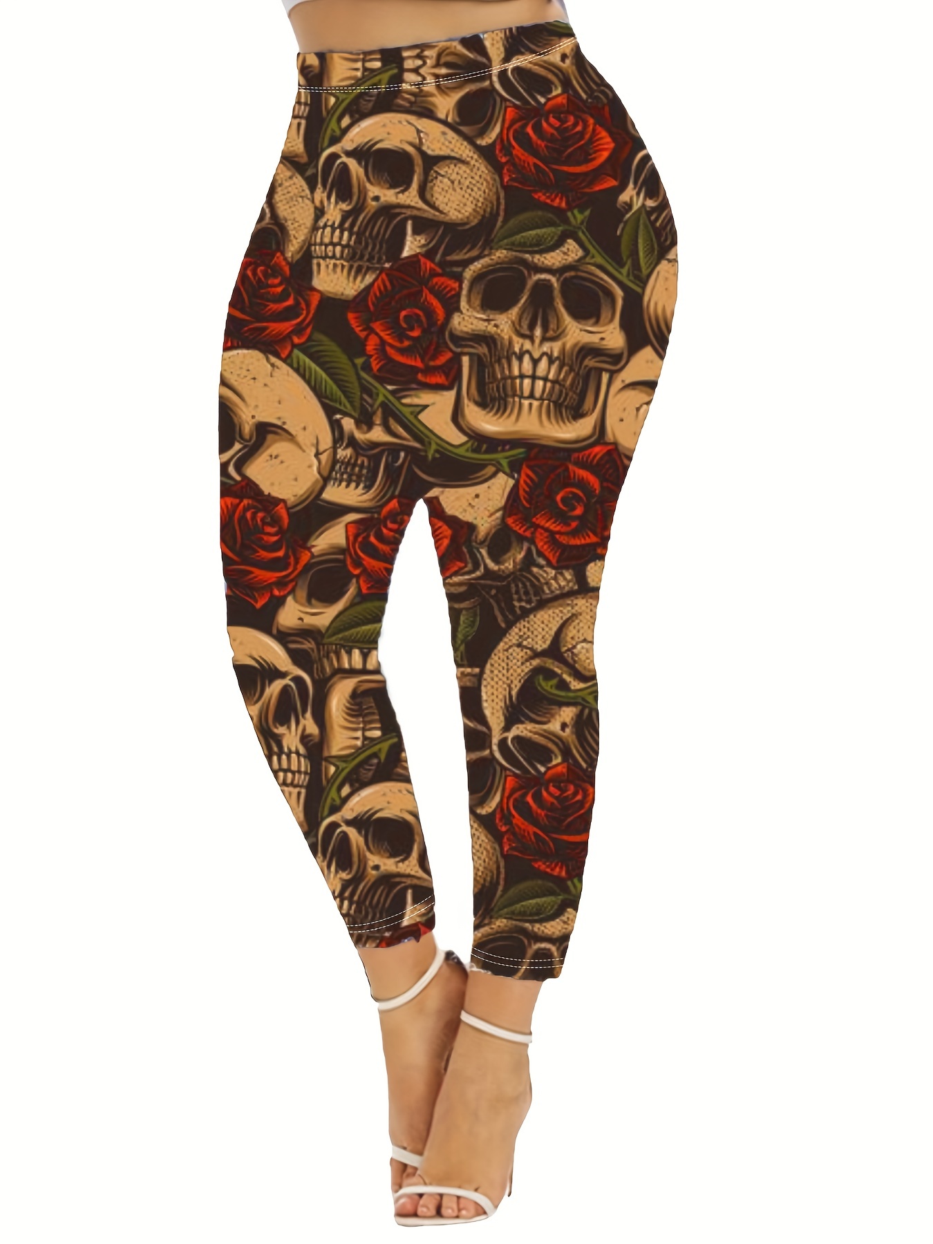 Floral Skull Print Skinny Leggings Casual Every Day Stretchy - Temu