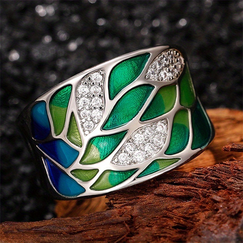 

Fashion Green Leaf Enamel 925 Silver Plated Micro Pave Zirconia Rings For Women Daily Casual Party Accessories