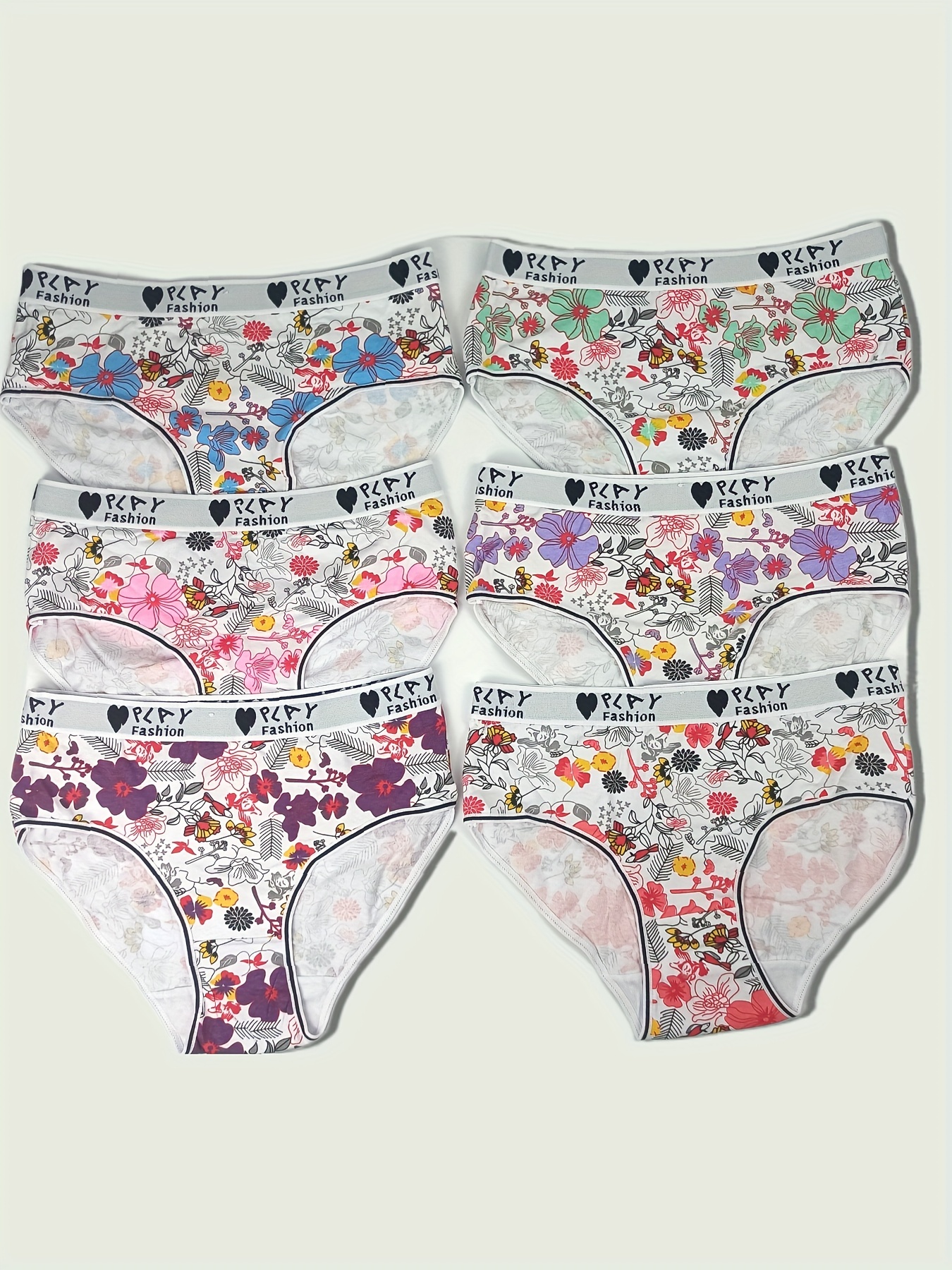 6 Pack Plus Size Boho Panties Set, Women's Plus Floral Print Letter Tape  Medium Stretch Bikini Underwear Six Piece Set