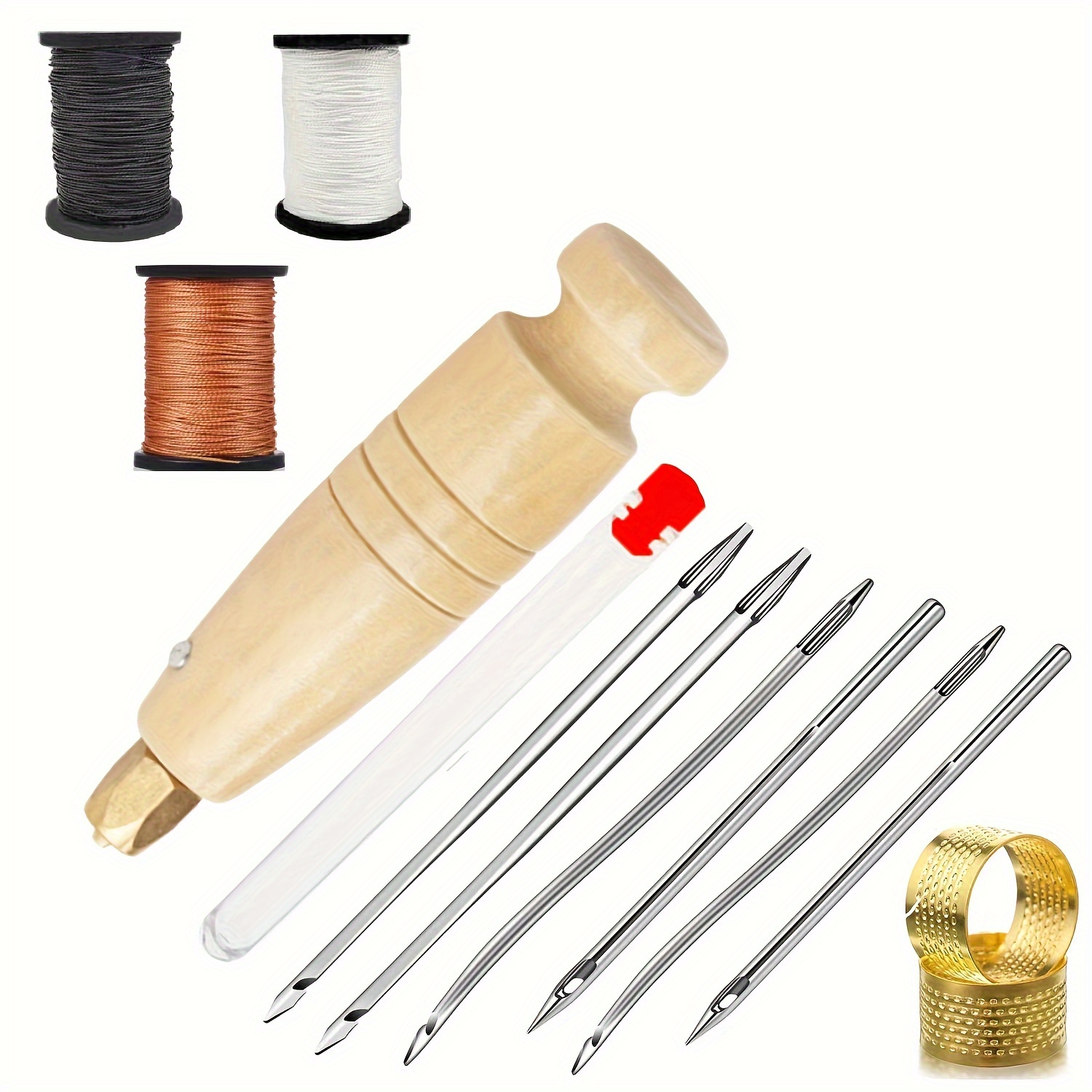 

13pcs/set Leather Sewing Kit Diy Leather Sewing Awl Needle With Wooden Handle Set Leather Canvas Tent Shoes Repairing Tool With Nylon Thread