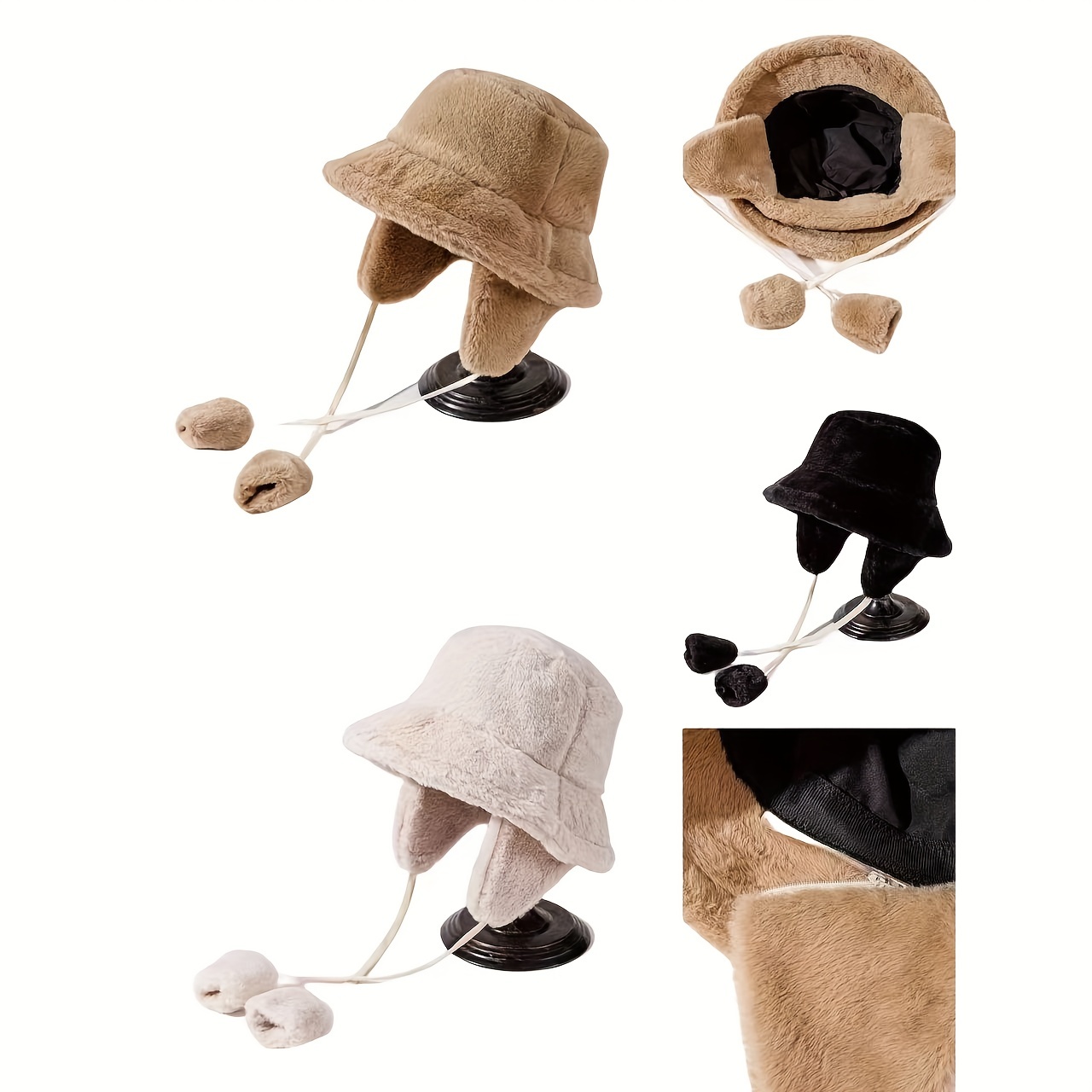 Detachable Ear Flap Hat Fuzzy Bucket Hat for Women Classic Solid Color Warm Basin Hat Lightweight Coldproof Fisherman Autumn & Winter,Temu