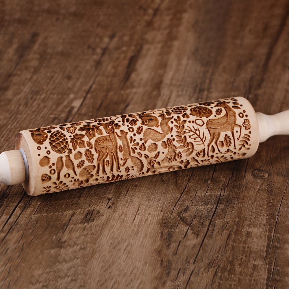 Wooden Embossed Rolling Pin With Christmas Round Seal Deep - Temu
