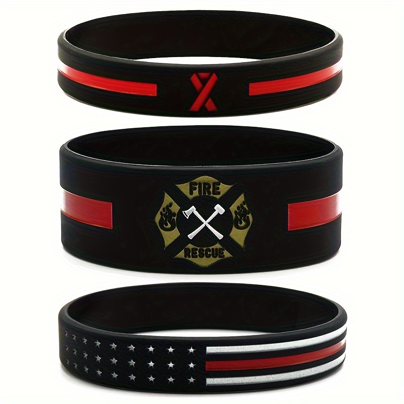 

3 Pack Firefighter Rubber Bracelets - Sporty, Silicone Wristbands For Men