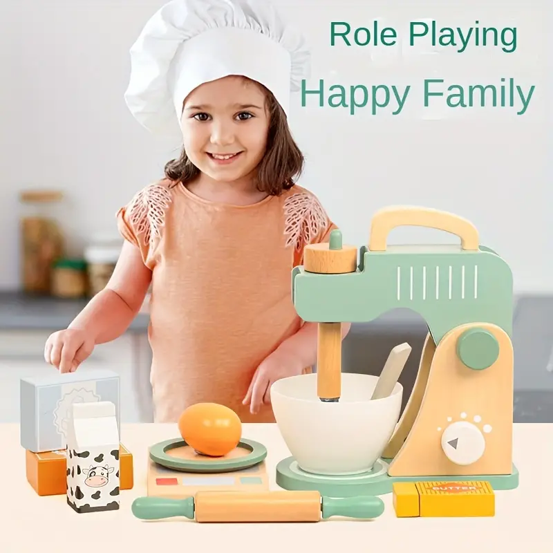 Children's Family Toy Kitchen Cooking Series Pop-up Toaster, Fruit Juicer,  Blender, Cooking Machine, Wooden Food And Kitchen Accessories, Gifts For Bo