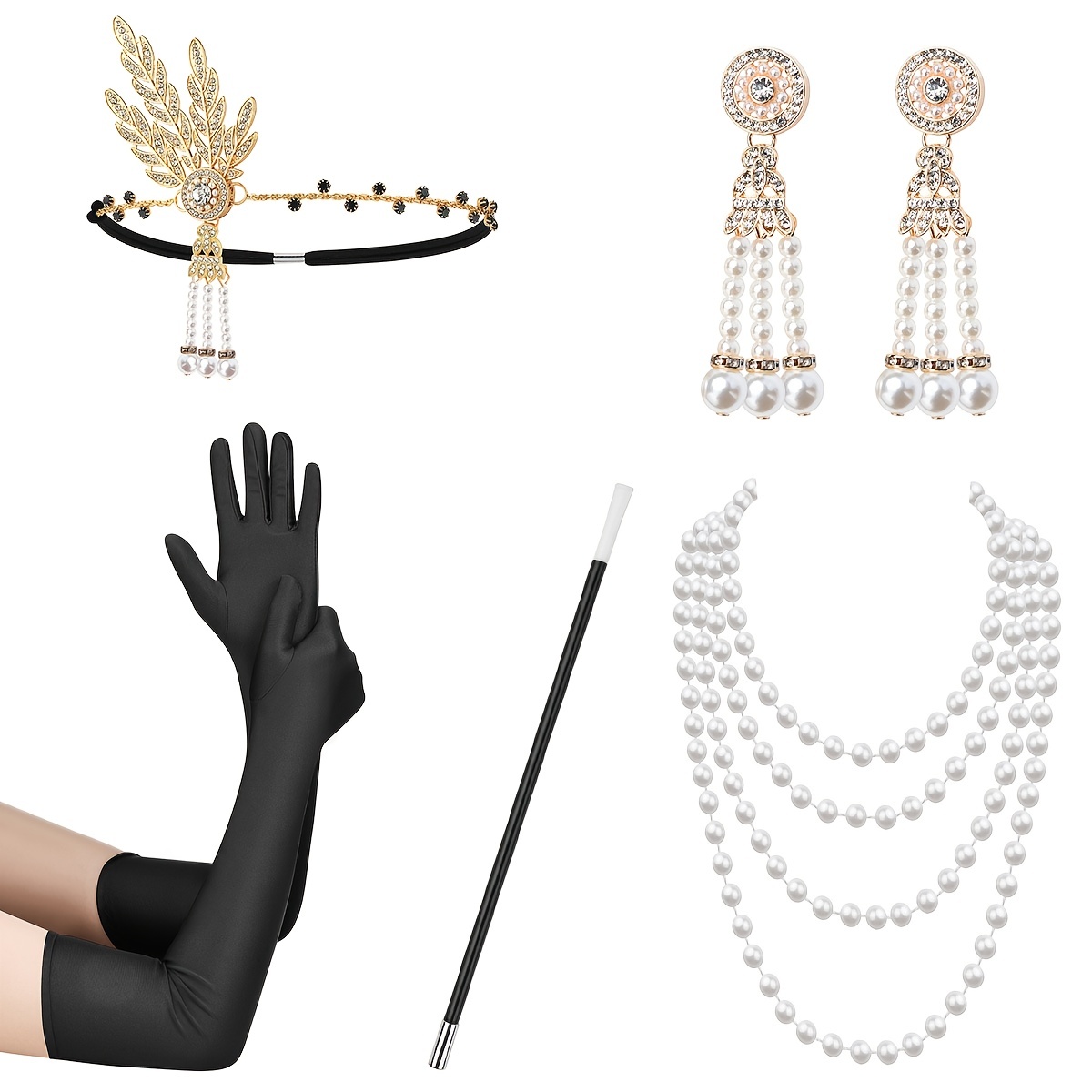 7pcs Gatsby Feather Headband Gloves Cigarette Holder Earrings Pearl Necklace Combination Single Party Makeup Dance Halloween Carnival Party Lady Skirt Accessories Headwear Hand Decoration Long Pearl Necklace Simulation Pipe Combination Five-piece Set (cigarette Holder Can Be Disassembled) details 9