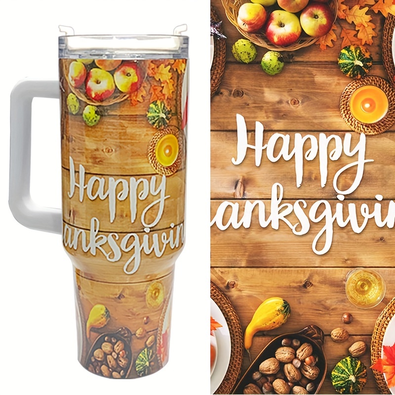 Thanksgiving Day Tumbler Cup With Handle And Straw Lid, Double Wall Vacuum  Sealed Stainless Steel Insulated Slim Tumblers, Travel Mug For Hot And Cold  Beverages, Thermal Travel Coffee Mug Holiday Christmas For