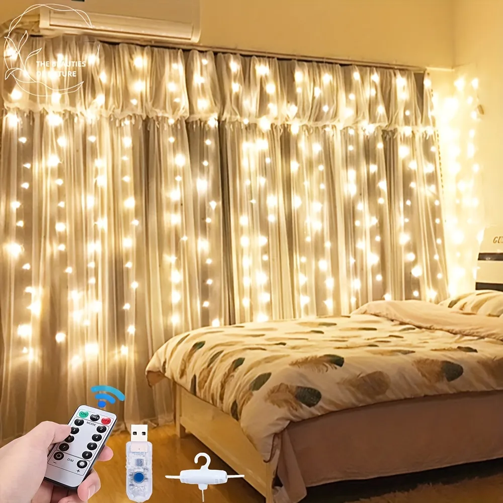 usb-betriebene vorhang-led-lichterketten mit haken und fernbedienung, 8  beleuchtungsmodi, lichterkette für schlafzimmer, vorhänge, girlande,  weihnachtsfeier, valentinstagsdekoration
