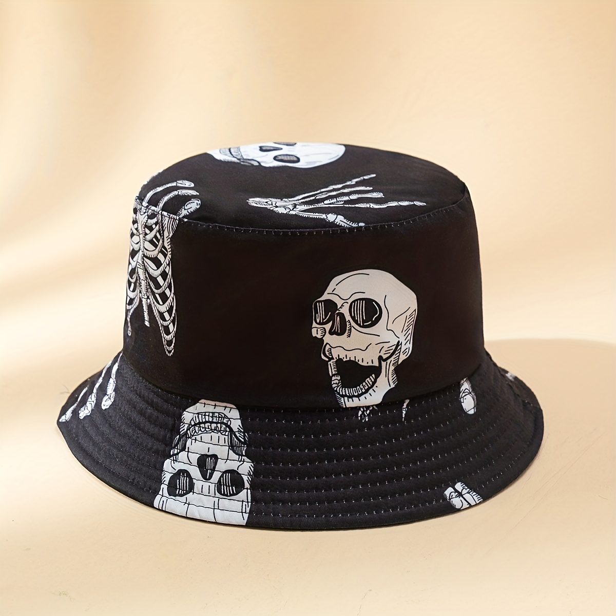

Skull Print Black Bucket Hat Hip Hop Lightweight Sunshade Basin Hat Unisex Breathable Fisherman Cap For Women Men