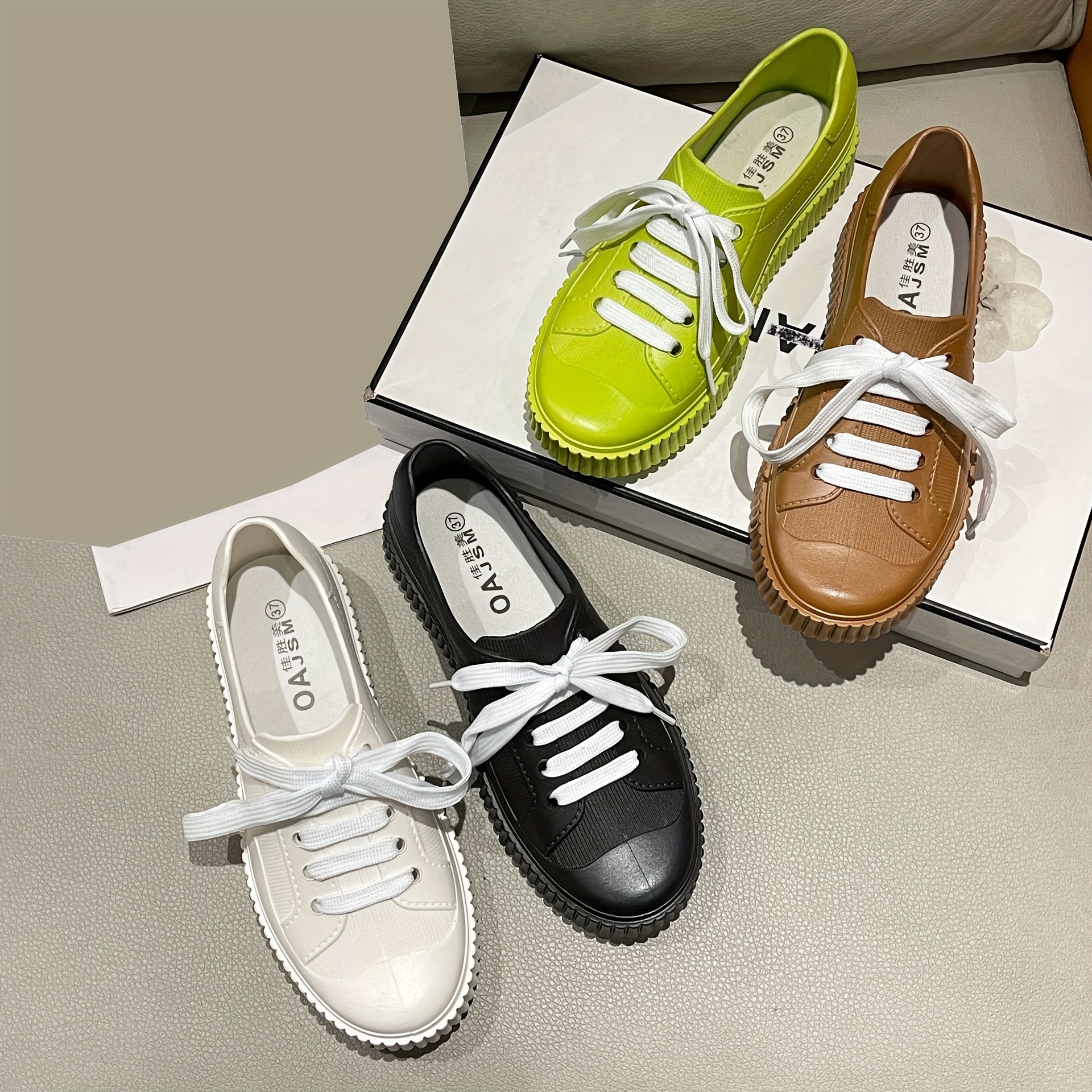 Women's Pvc Sneaker Rain Shoes, Casual Solid Color Lace Up Waterproof Shoes,  Low Top Flat Water Shoes - Temu Germany