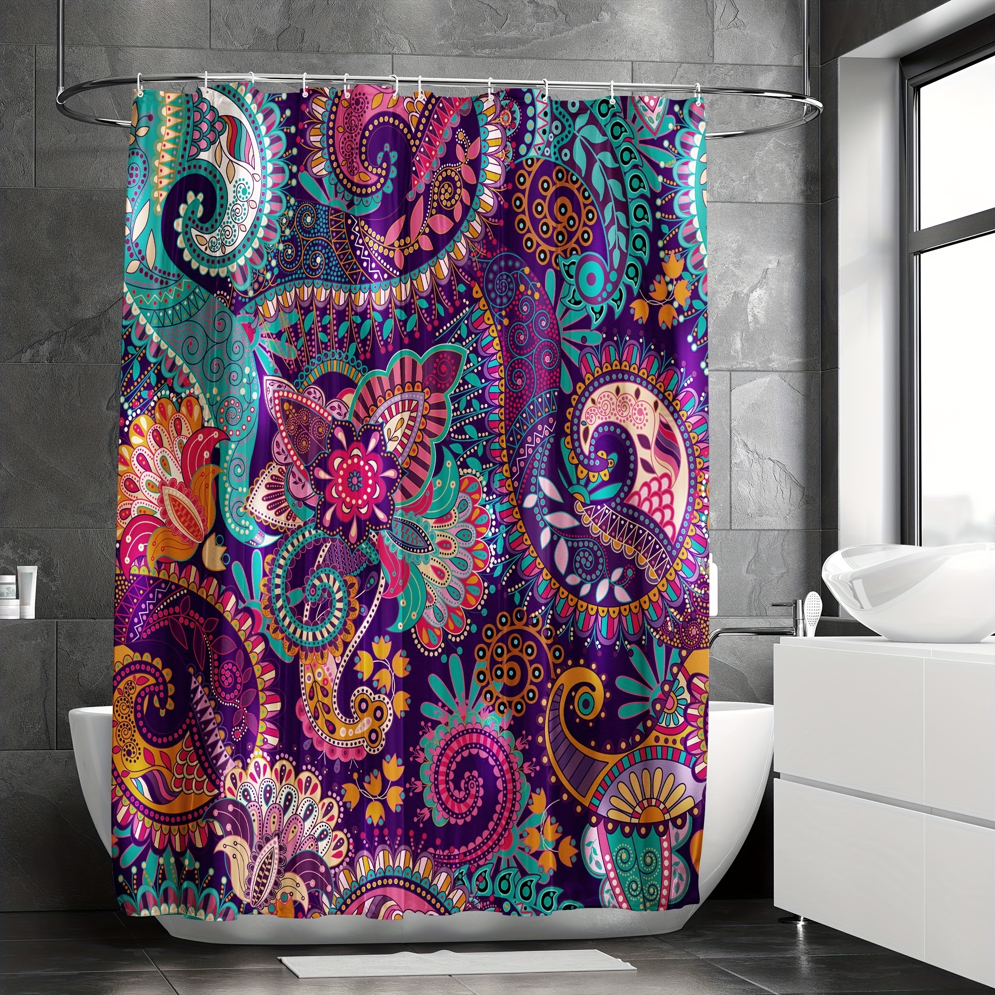 Shower Curtain Durable Bohemian Floral 12 Hooks Waterproof - Temu