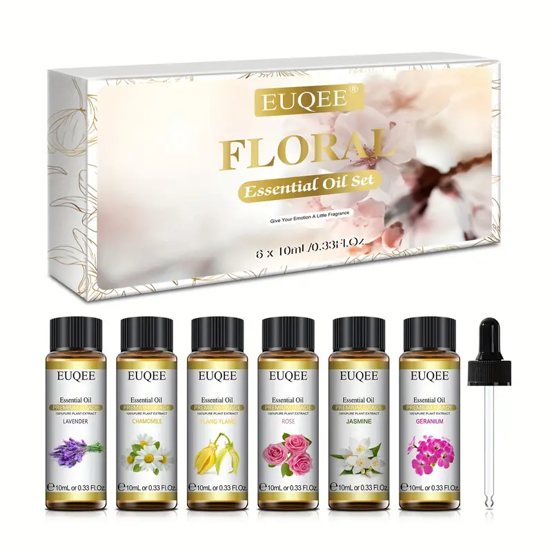 1pc euqee floral essential oils set natural pure aromatherapy therapeutic grade essential oil for diffuser for home lavender rose ylang ylang jasmine geranium chamomile 6 x 10ml details 1