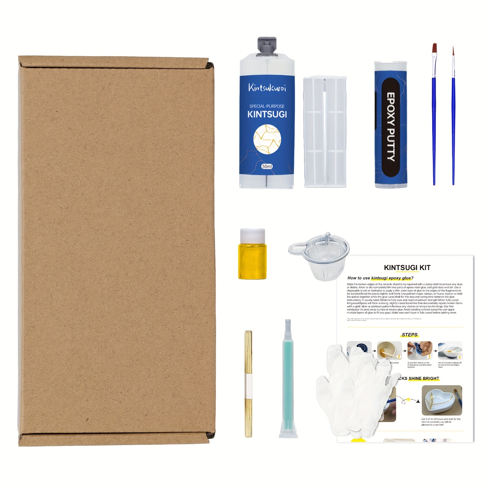 MUFUN Kintsugi Repair Kit, Repair Your Meaningful Pottery with Gold Powder  Glue - Comes with Two Practice Ceramic Cups for Starter