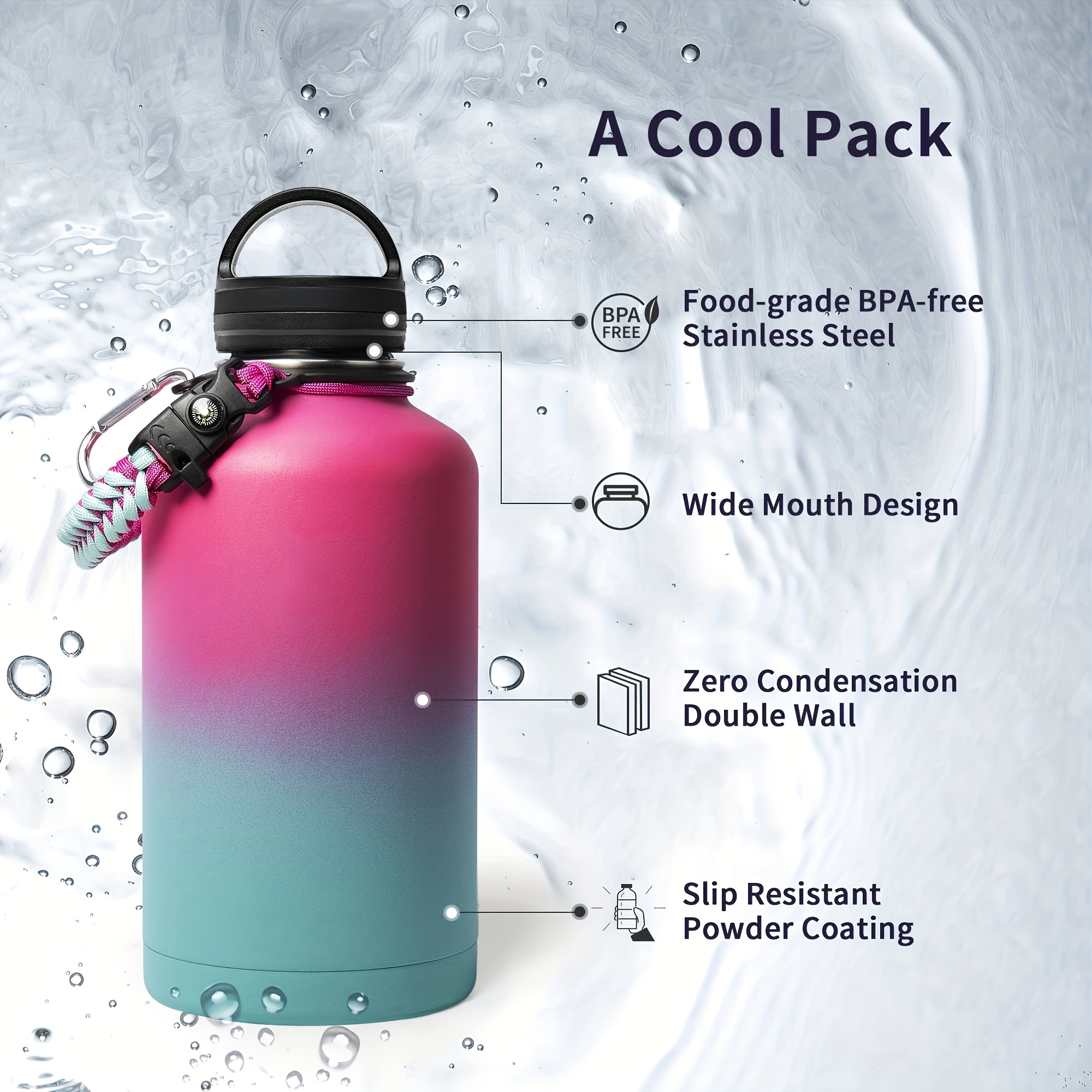 1pc Insulated Water Bottle 64oz 128oz Dishwasher Safe Half - Temu
