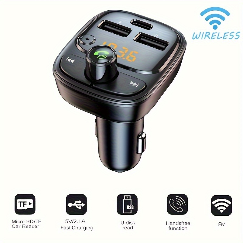 Transmisor FM Bluetooth 5.3, adaptador de cargador de coche USB C PD 30W y  QC3.0, compatible con llamadas manos libres, asistente Siri Google