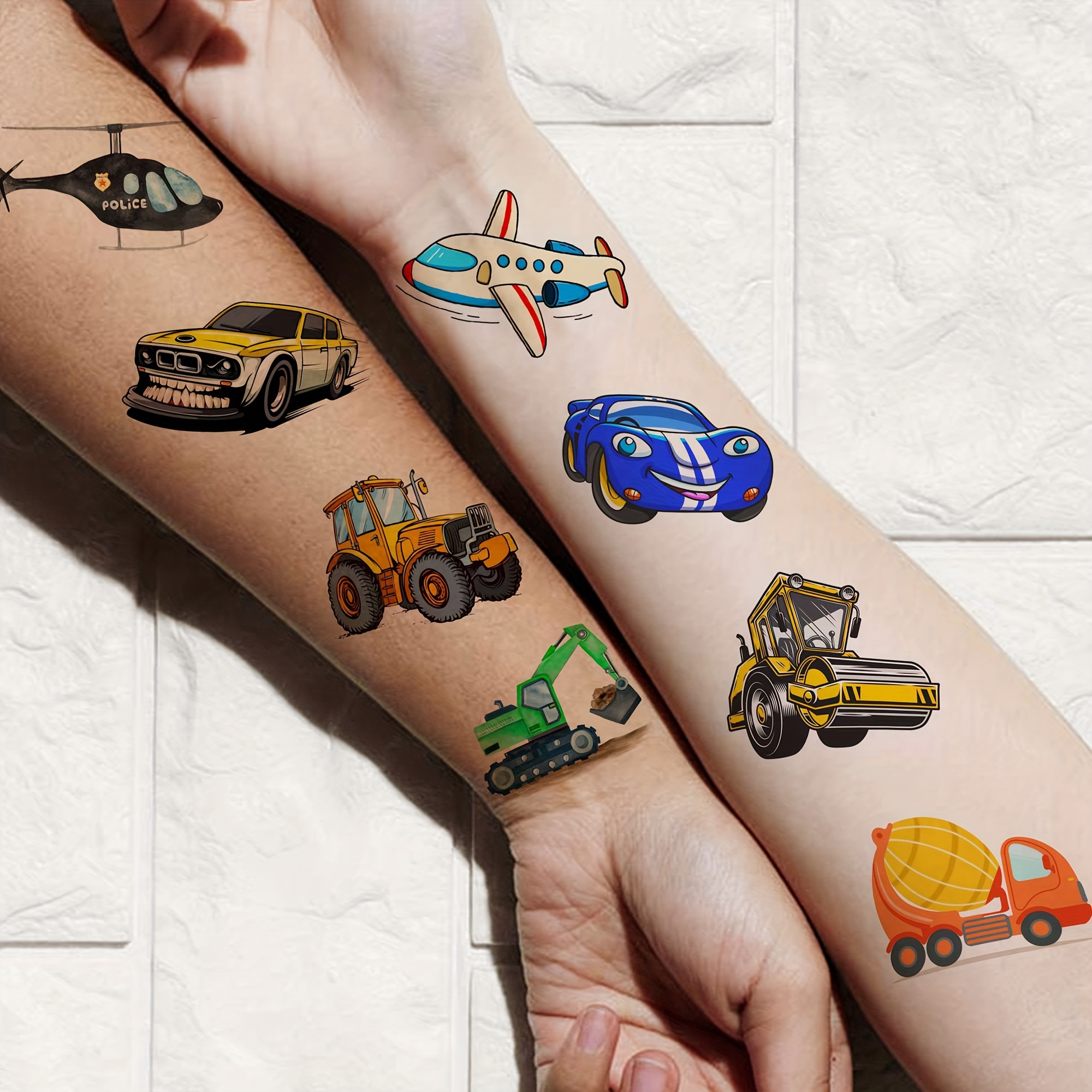 75 piezas de tatuajes temporales de camiones para niños, tatuajes metálicos  para fiestas de cumpleaños de camiones - coche de carreras, bandera a  cuadros, trofeo, llamas, tatuajes falsos para niños. : : Belleza