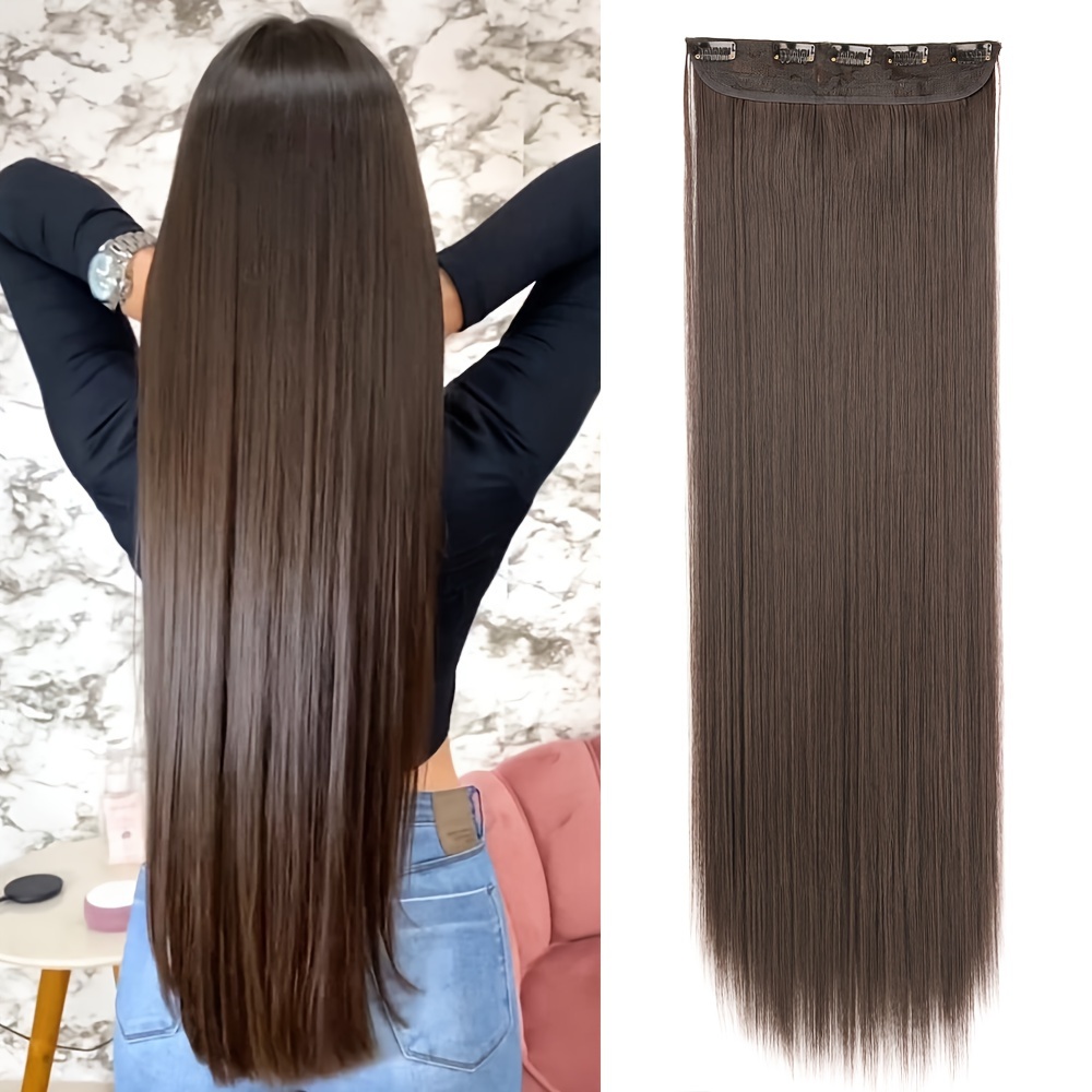 Image of Synthetic 32 Inch Extra Long Straight Hair Extensions 5 Clips Brown High Temperature Fiber Hairpieces Hair Clips Hair Accessories Halloween