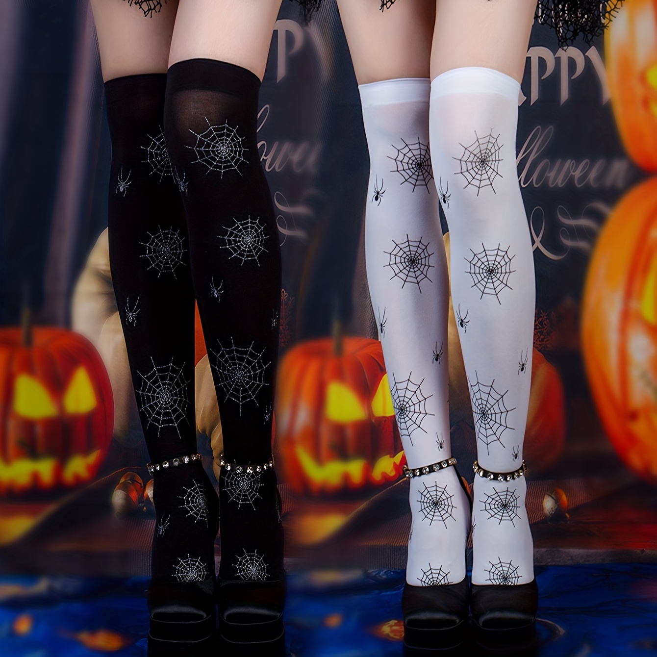 SEAUR - Halloween Stockings for Women Skull Knee High Stocking Over Knee  Spider Socks Funny Party Cosplay Festival 4 Pairs