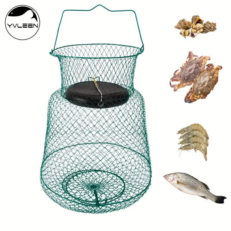 Collapsible Rustproof Fish Basket for Live Fish, Shrimp, and Crayfish -  Floating Fishing Net Cage with Coating