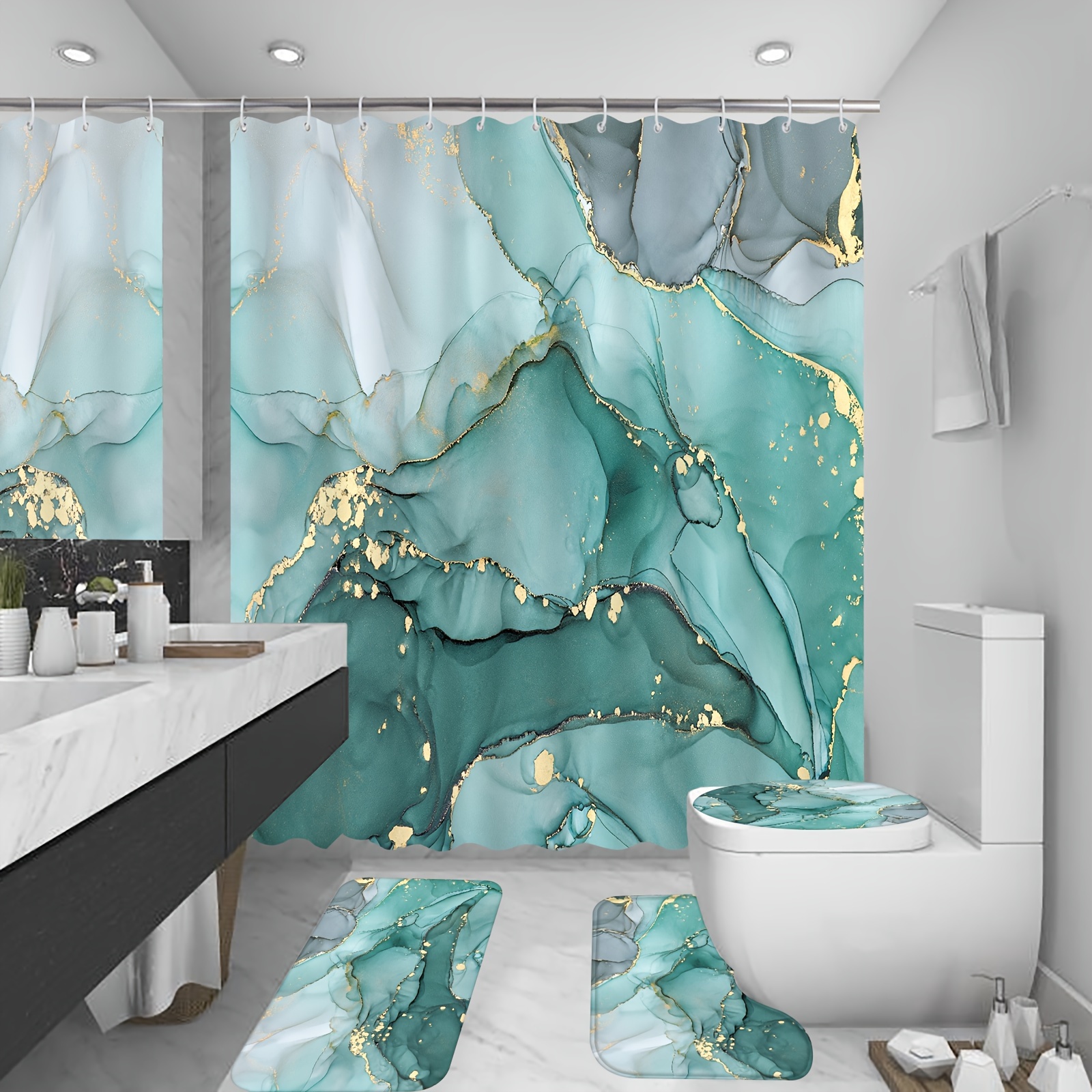 Shower Curtain Set Teal Marble Pattern Waterproof Bath - Temu