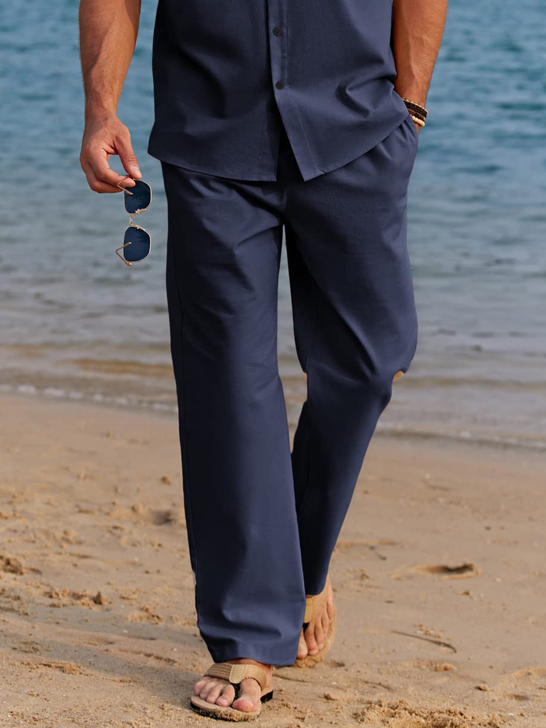 DENGDENG Mens Fishing Pants Relaxed Fit Straight-Leg Pants Solid Color  Cotton Linen Men's Pants Long Casual Trousers for Men Light blue XL