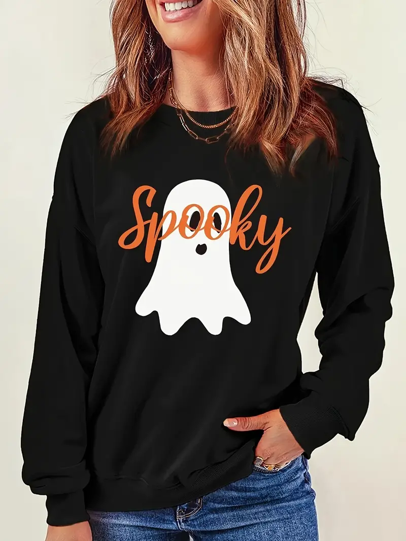 halloween spooky ghost print sweatshirt casual long sleeve crew neck sweatshirt womens clothing details 4