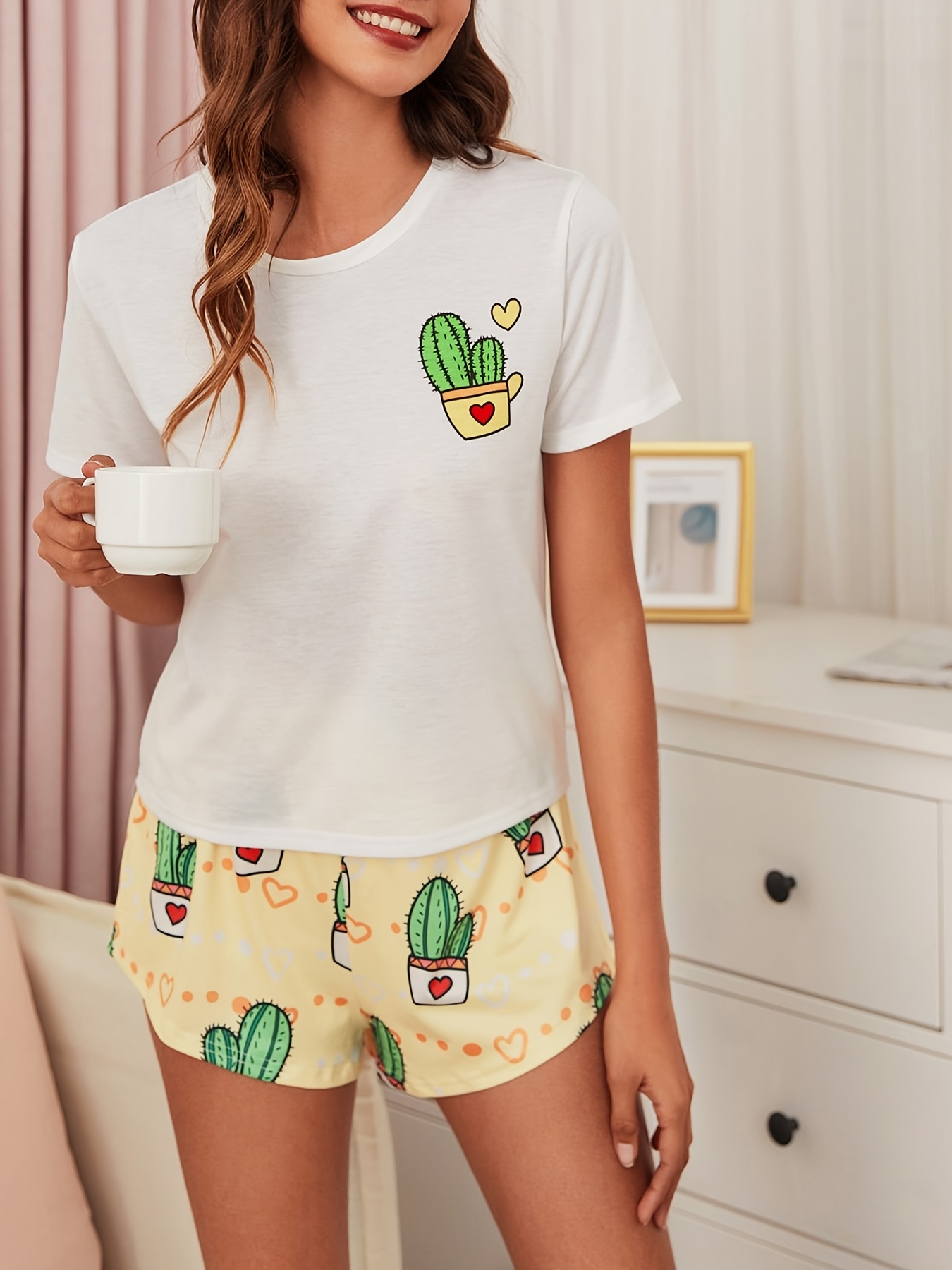 Plants Print Crew Neck Short Sleeve Pajama Set