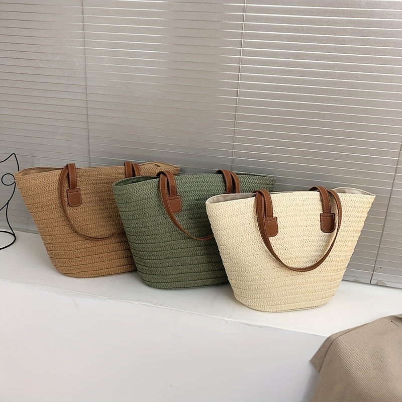 Woven Straw Tote Bag, Portable Double Handle Stylish Handbag