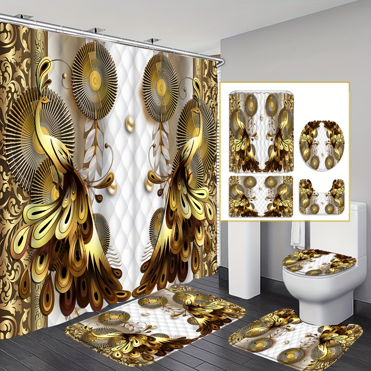 Beautiful Peacock Shower Curtain Set Bathroom Decor Set - Temu