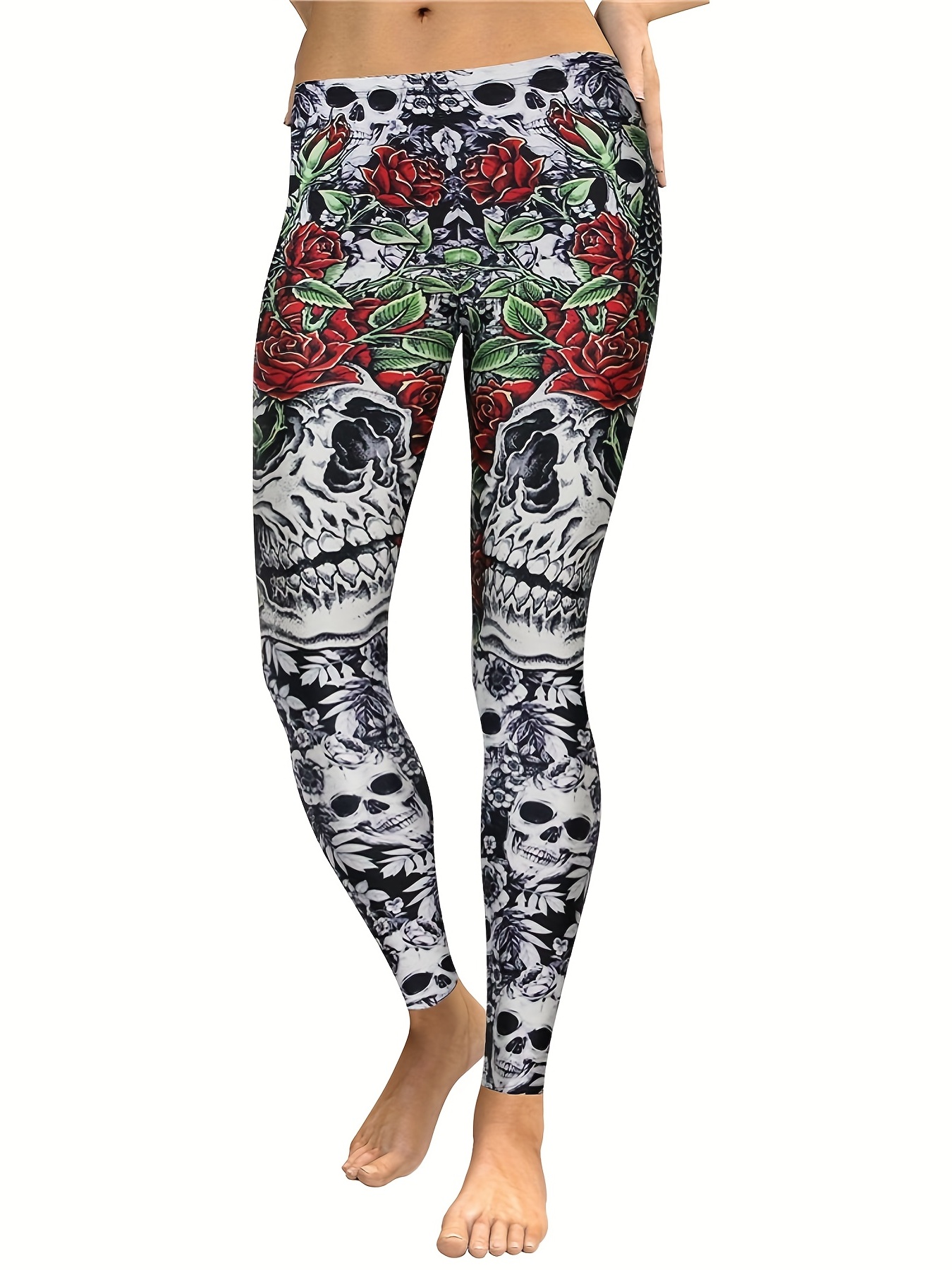 Halloween Skull & Flower Print High Waist Leggings, Fashion Stretchy Yoga  Fitness Workout Sports Tights, Women's Activewear