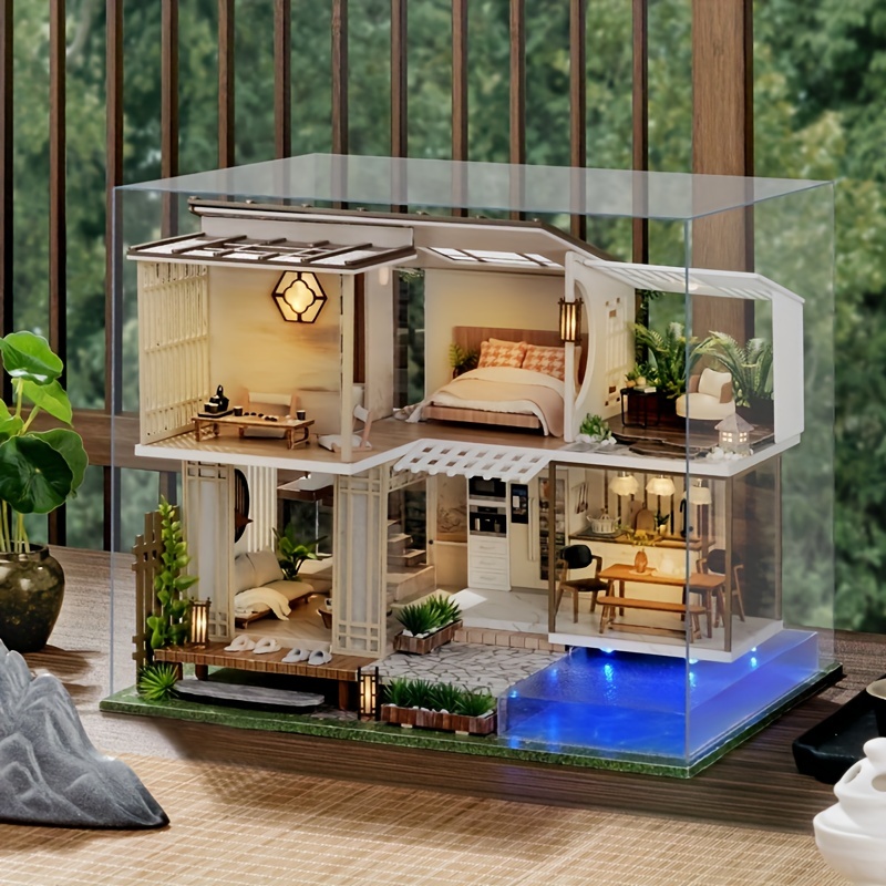 Kit de maison de poupée miniature assemblée modèle DIY Villa, avec boîte à  musique, décoration d'intérieur, avec meubles en bois, lumières, cadeau