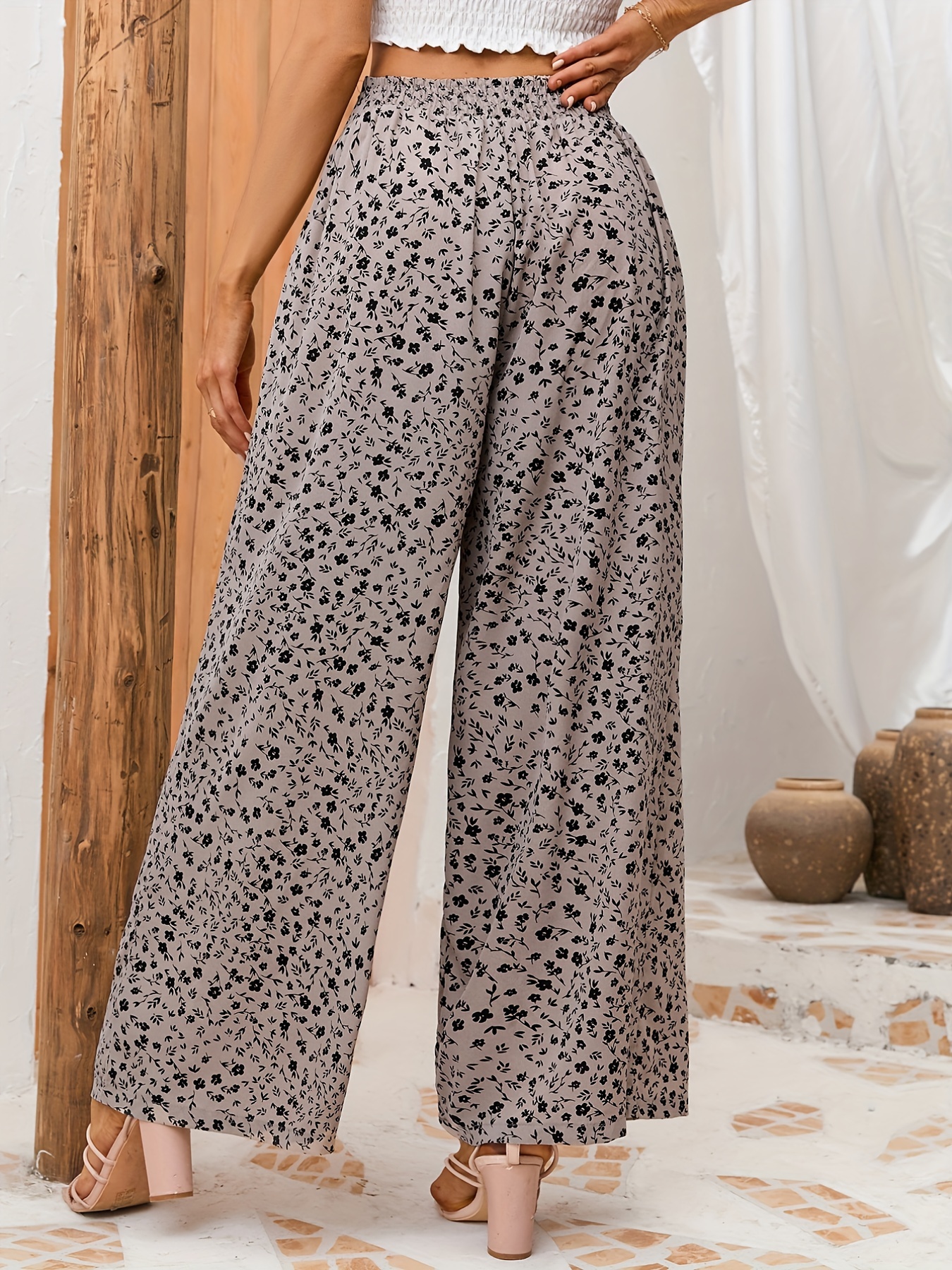 Ditsy Floral Print Palazzo Pants, Vacation Long Length Wide Leg Pants,  Women's Clothing