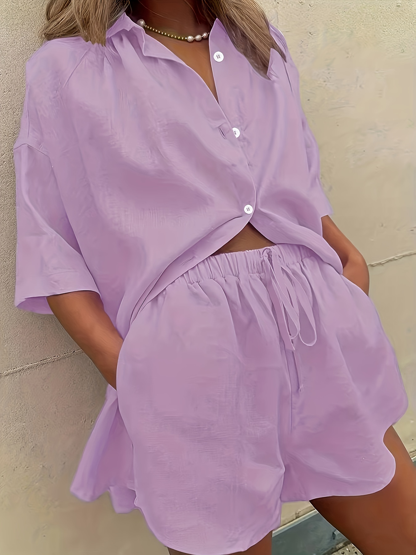 Casual Drop Shoulder Blouse & Drawstring Shorts Set for Women