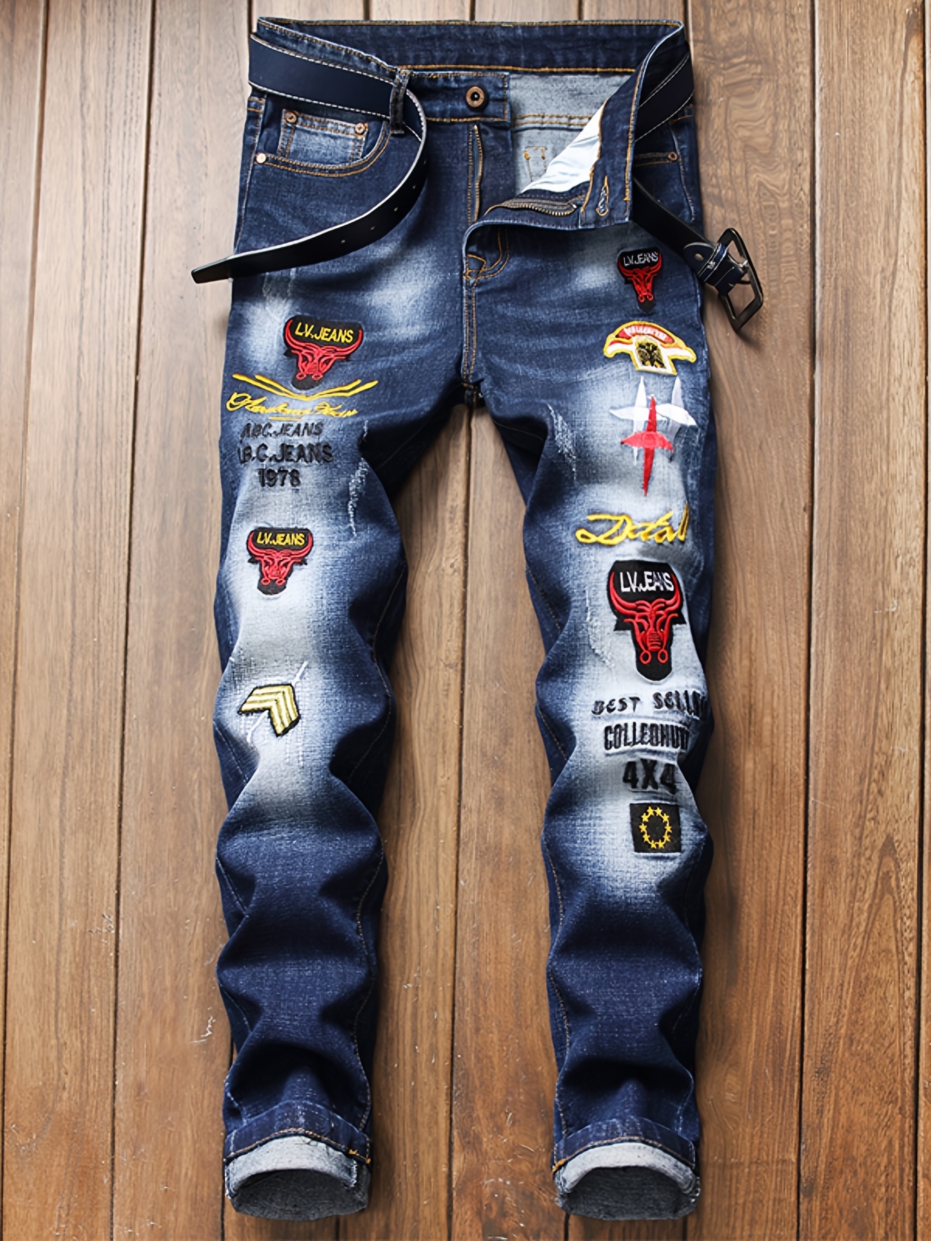 Men's Casual Trendy Embroidered Faded Denim Jeans With Patch
