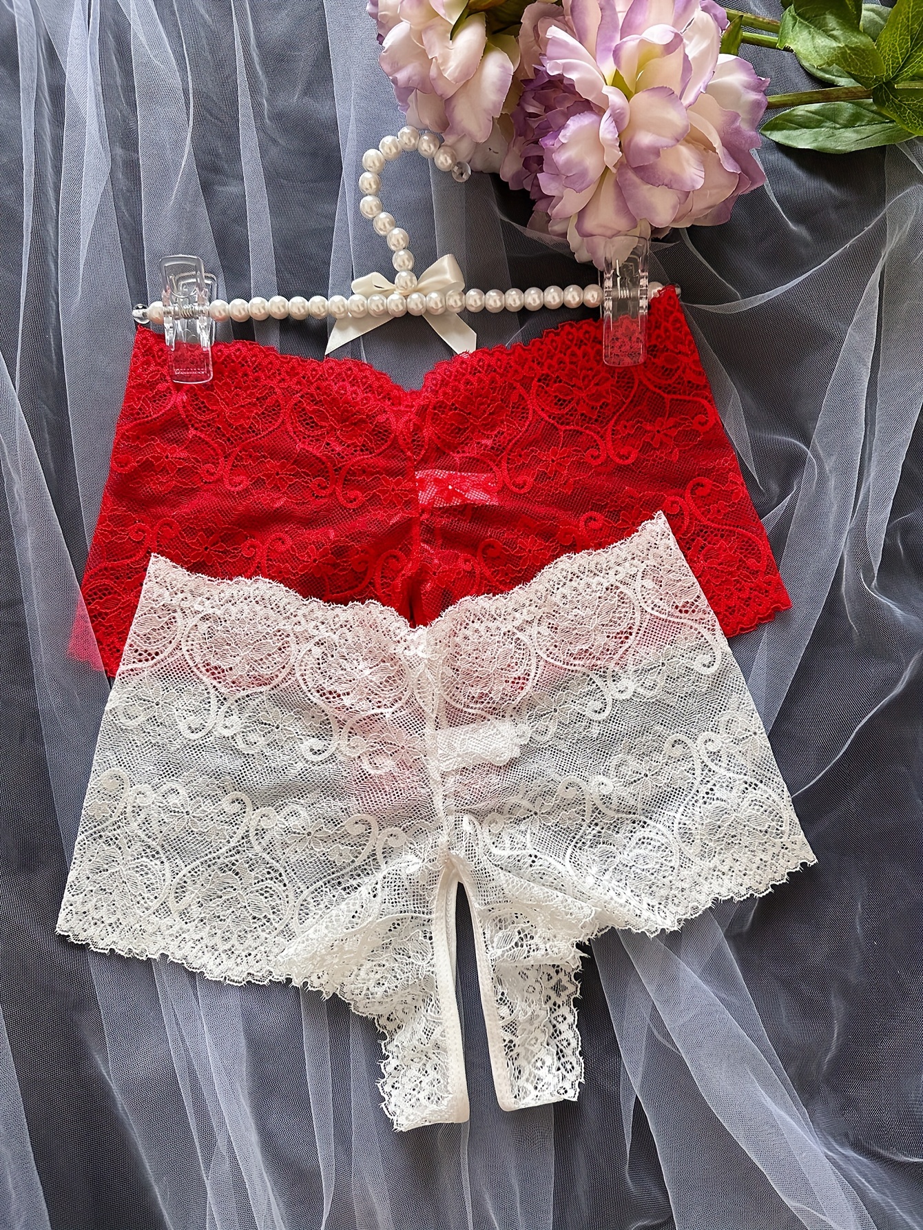  2Pc Floral Lace Lingerie for Women Open Crotch