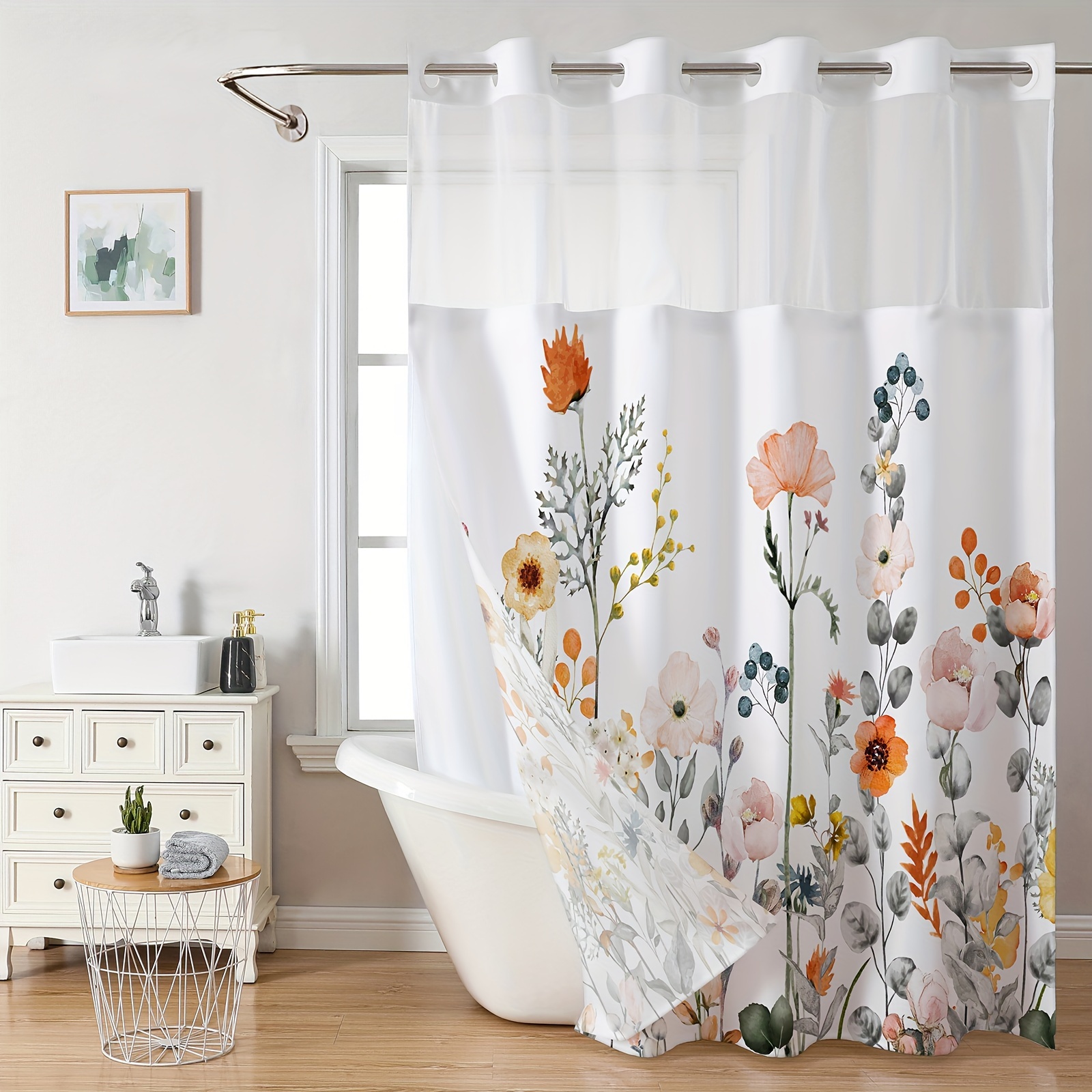 Shower Curtain No Hook Needed Floral Printed Bathroom - Temu
