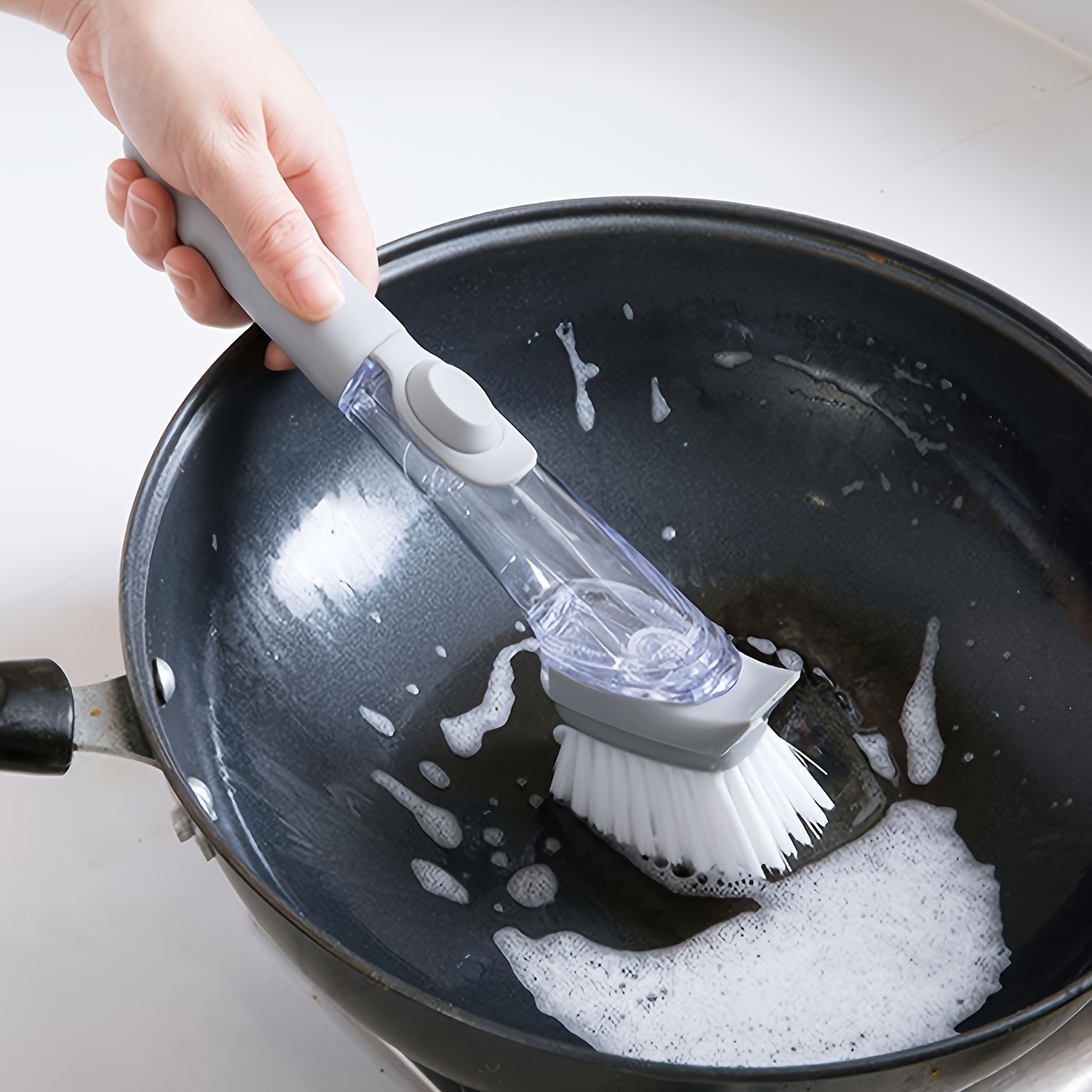 Cepillo de jabón para cocina, cepillo para lavar platos con dispensador de  jabón, cepillo dispensador de jabón con 4 cabezales reemplazables