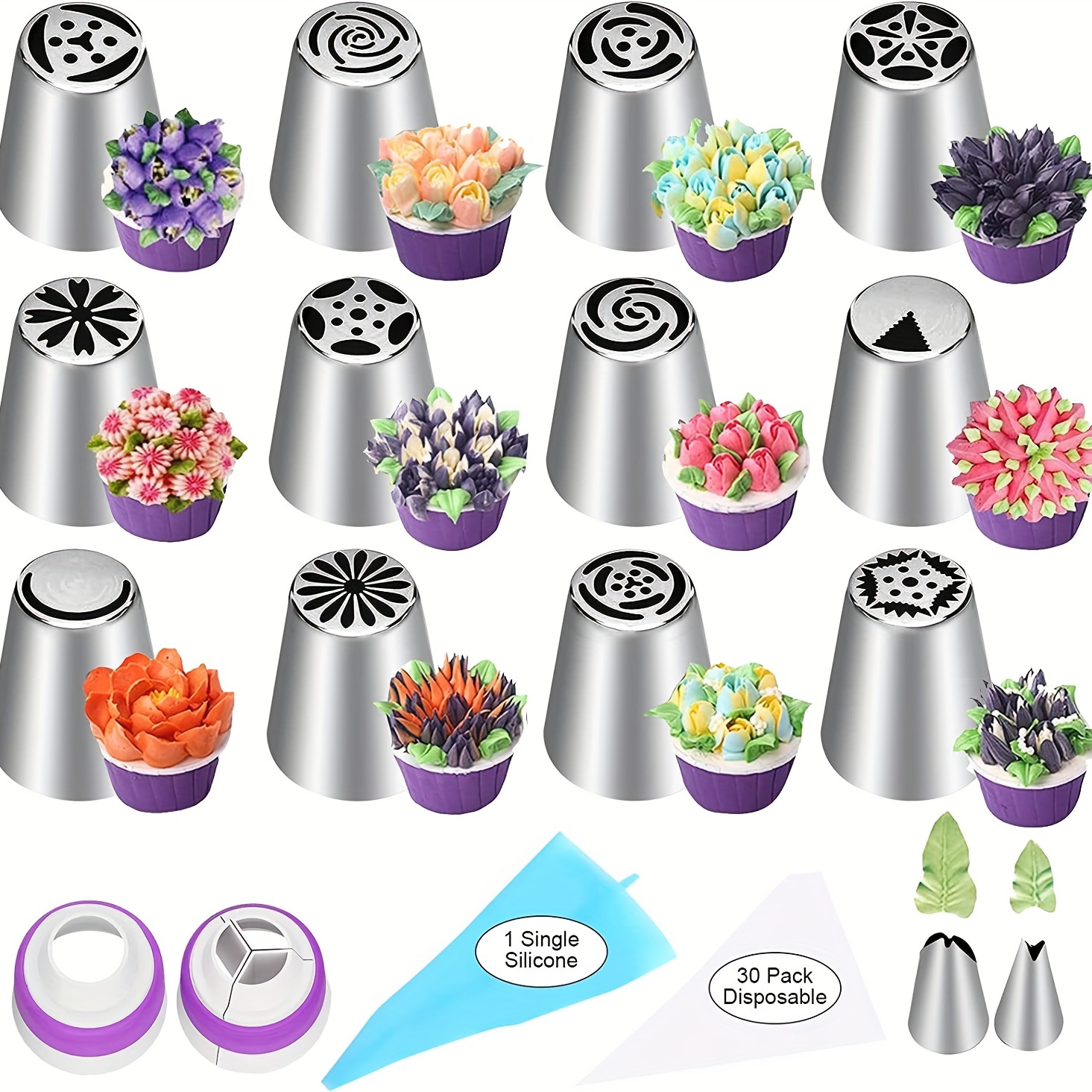 

47pcs Cake Decorating Set, Including 12 Flower Pastry Tips Nozzles Icing Tips, 2 Leaf Shape Piping Tips, 2 Couplers And 30 Pipping Bags, For Cake Decorating Tools, Baking Supplies For Cookie Cupcake