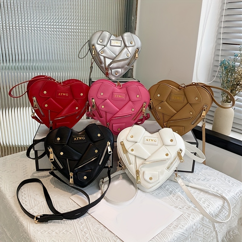 Heart Shaped Zipper Shoulder Bag, Solid Color Pu Leather Bag, Adjustable  Strap Crossbody Bag With Little Pouch - Temu