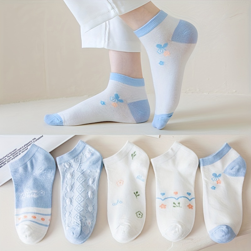 

5 Pairs Floral Print Socks, Soft & Cute Unisex Low Cut Ankle Socks, Women's Stockings & Hosiery