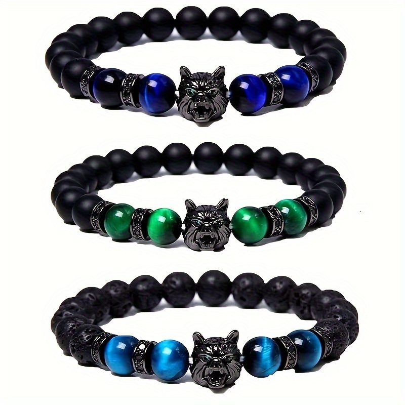 1pc vintage inlaid zircon wolf head stretch bracelet punk motorcycle lava tiger eye beaded bracelet for men details 0