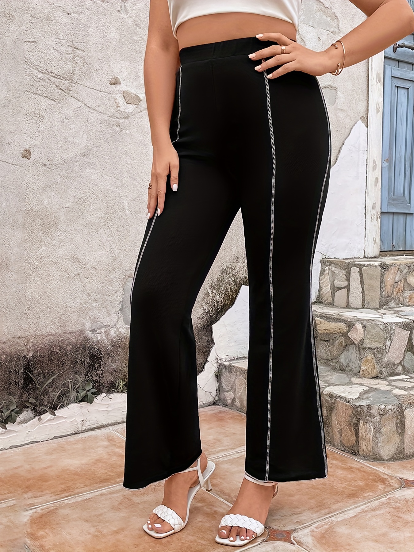 Contrast Flare Pants Women Casual Solid Low Waist Bell Bottoms