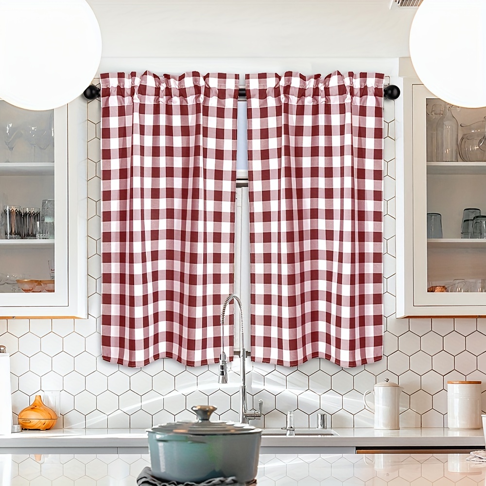 Checkered Kitchen Curtain Farmhouse Buffalo Plaid Semi Sheer Cafe Curtain,  Home Decor Light Filtering Drapes for Bathroom Bedroom, 2 Panels