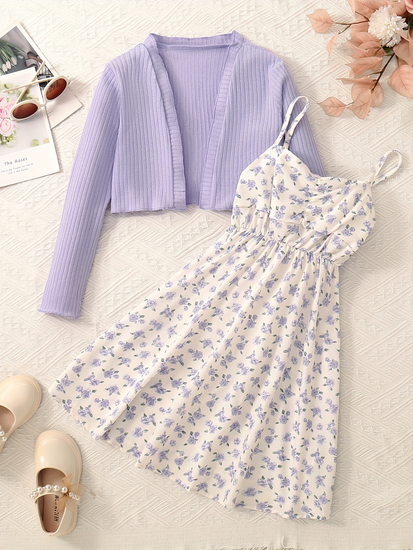 2pcs girls purple floral suspender skirt long sleeved knitted cardigan set