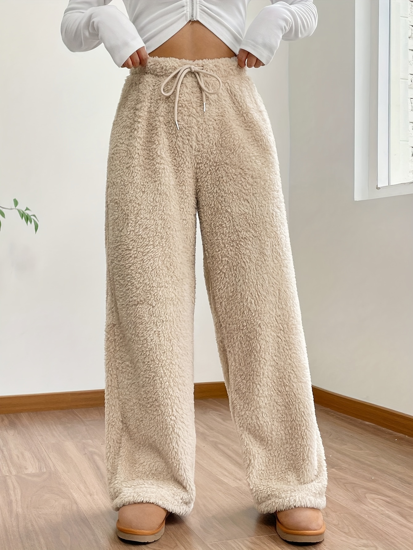 Solid Fuzzy Loose Pants, Casual Drawstring Warm Pants For Fall & Winter,  Women's Clothing