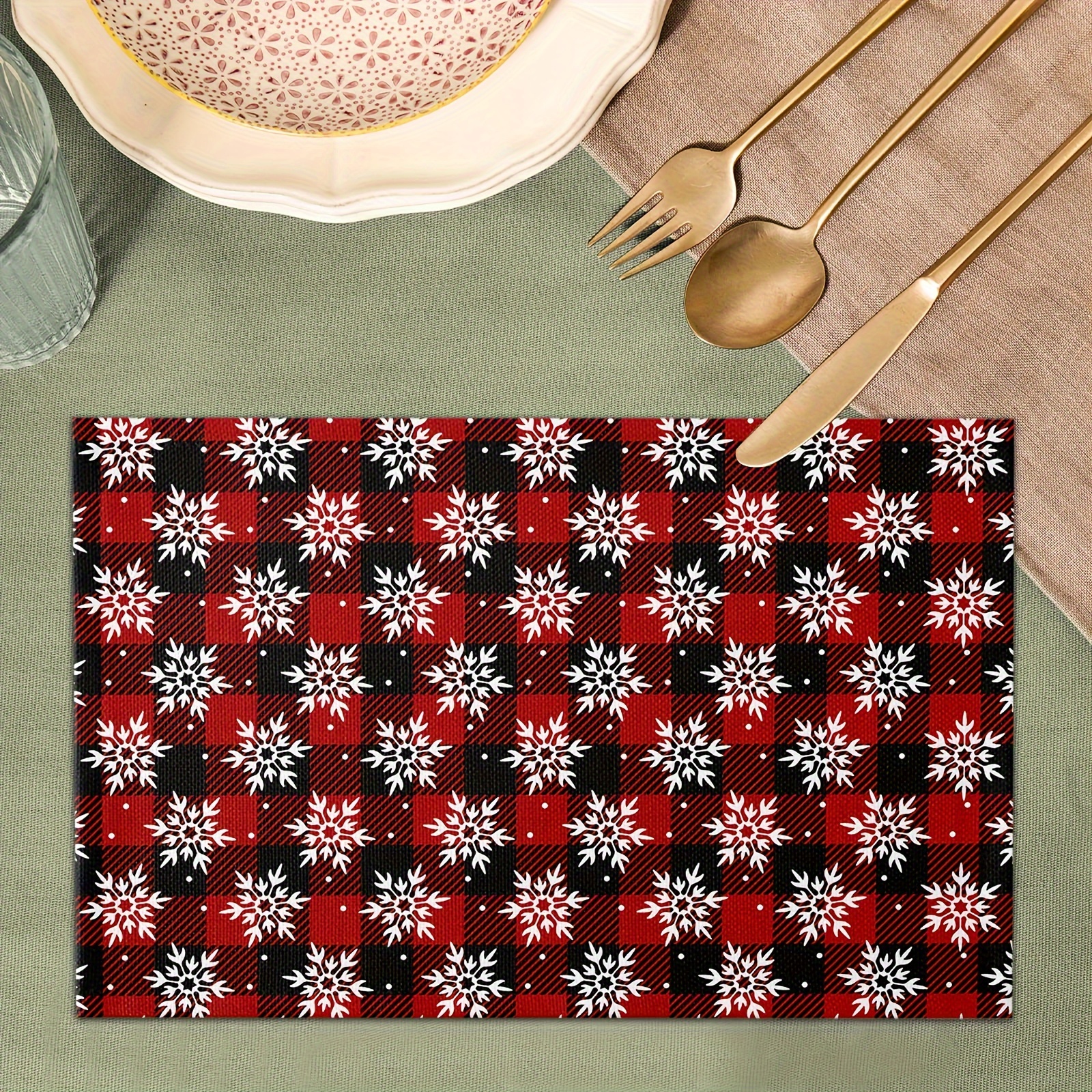 Christmas Theme Linen Placemats Buffalo Plaid Snowflake - Temu